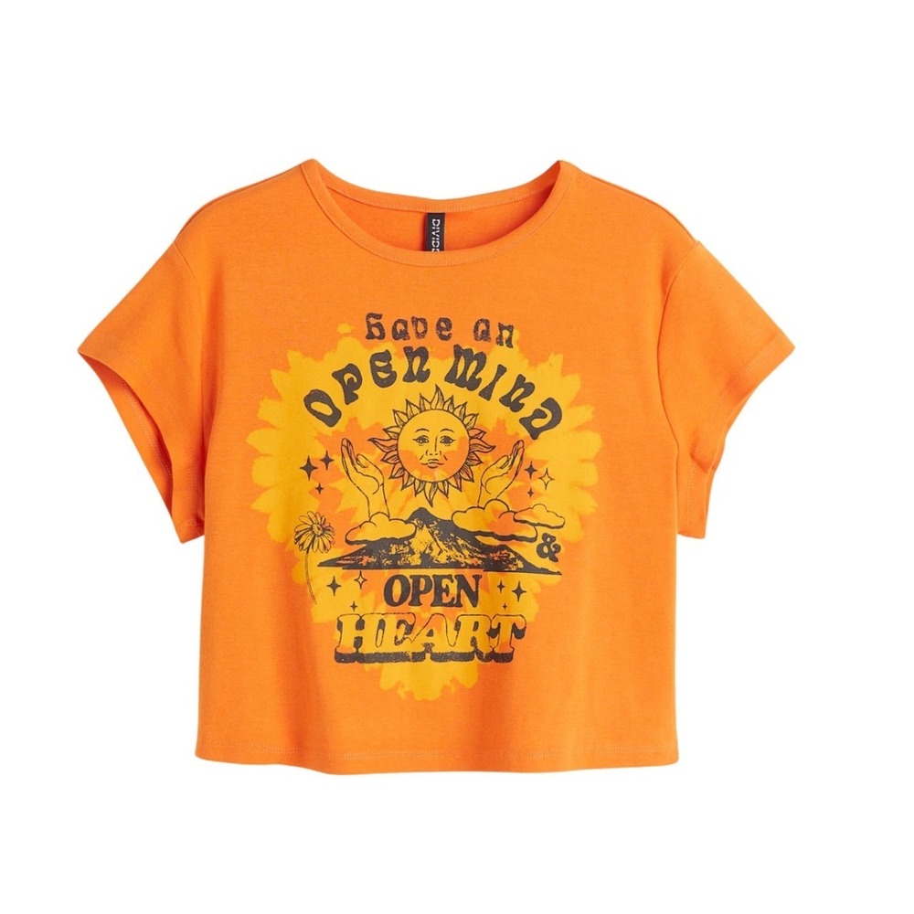 H&M Divided Orange Graphic Crop Top Have An Open Mind & Open Heart LargE